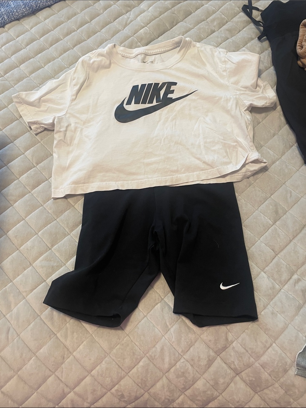 Nike White Crop Tee with Black Swoosh & Black Bike Shorts